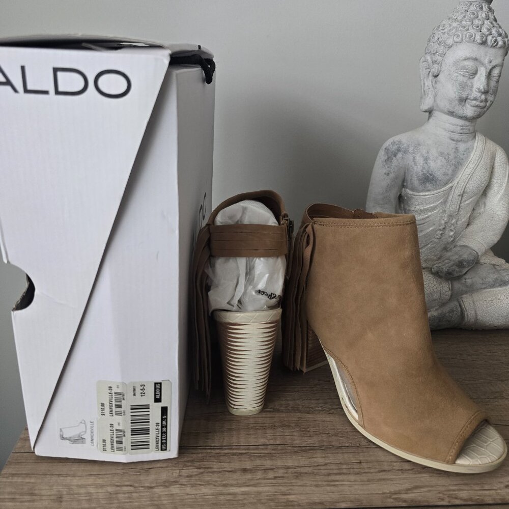 ALDO Lenoxville Tan Suede Thick Heel Open-Toe Booties (Size 8M) NWT